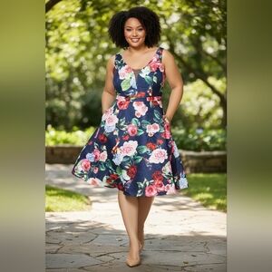 Sydney's Closet Navy Floral A-line Dress Sz 22 Sleeveless Garden Cocktail Party